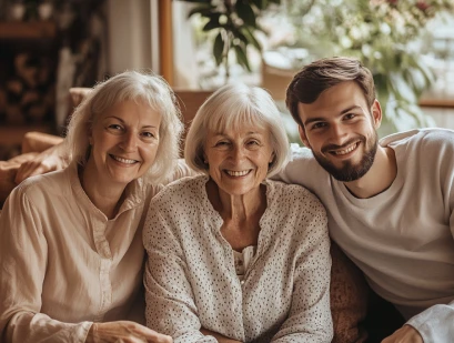 Three generations smiling: grandparents and child